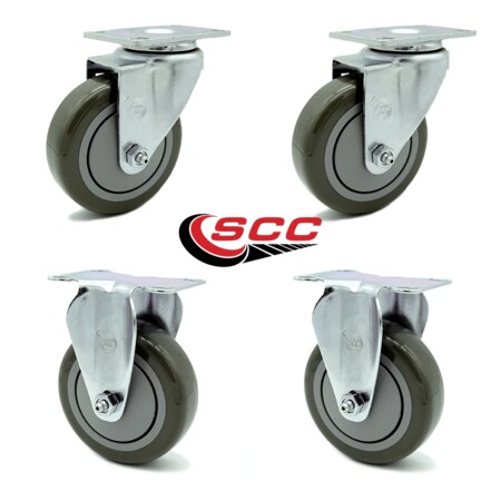 Service Caster 4 Inch Gray Polyurethane Wheel Swivel Top Plate Caster Set with 2 Rigid SCC SCC-20S414-PPUB-2-R414-2